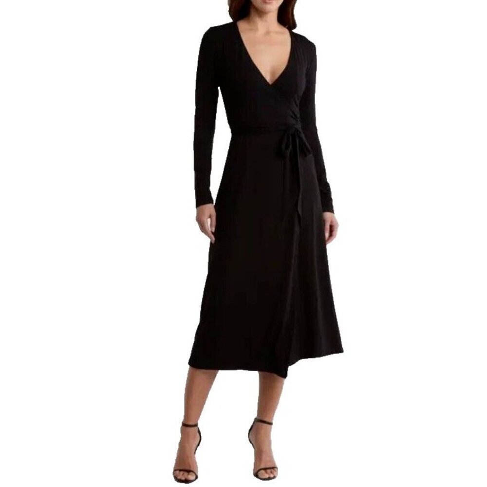 Good American Faux Wrap Midi Dress Long Sleeve Stretch Black Size 5 - Picture 2 of 9